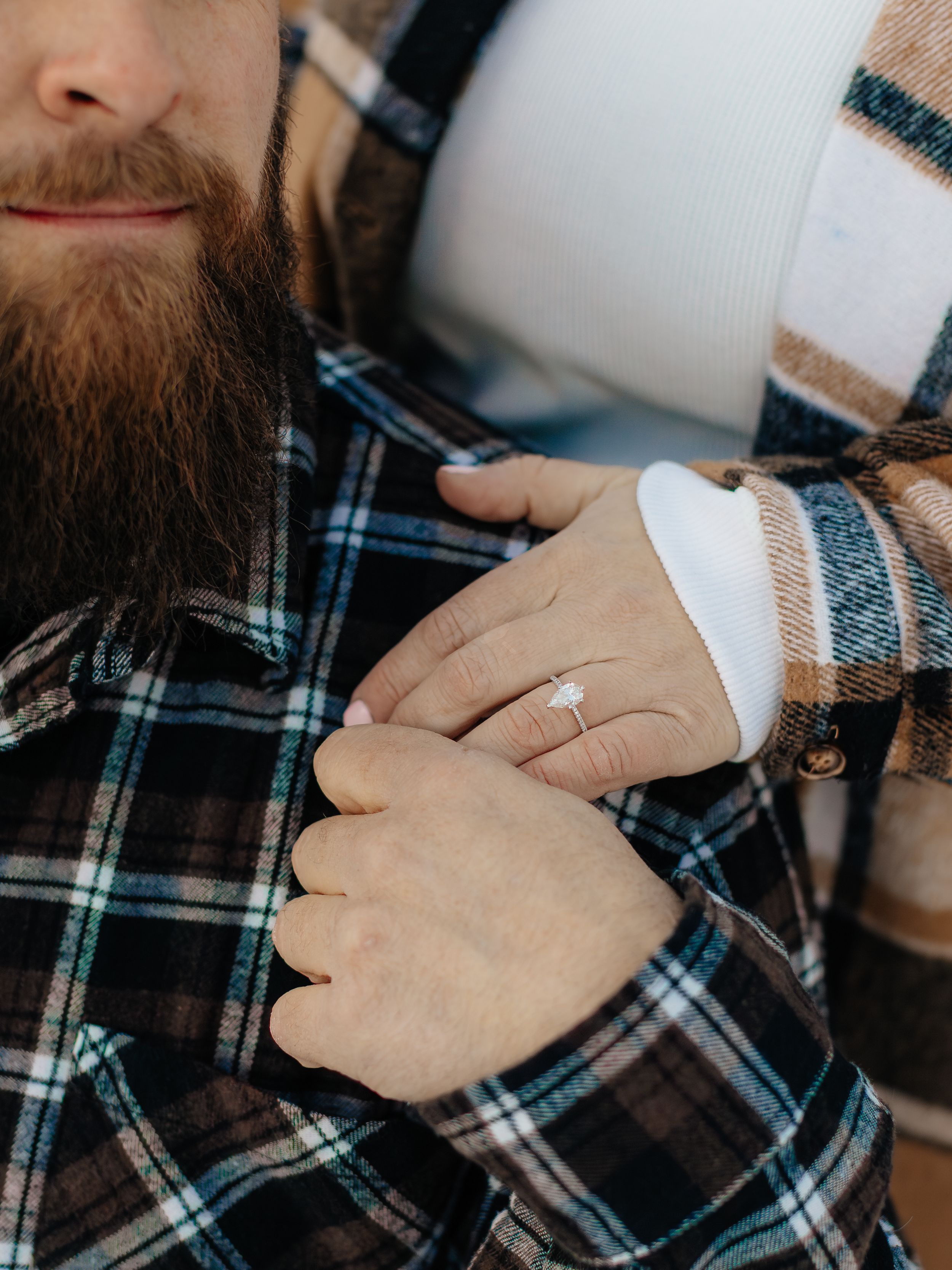 Close-up sequence showing someone adjusting the collar of a plaid flannel shirt with a beard visible.