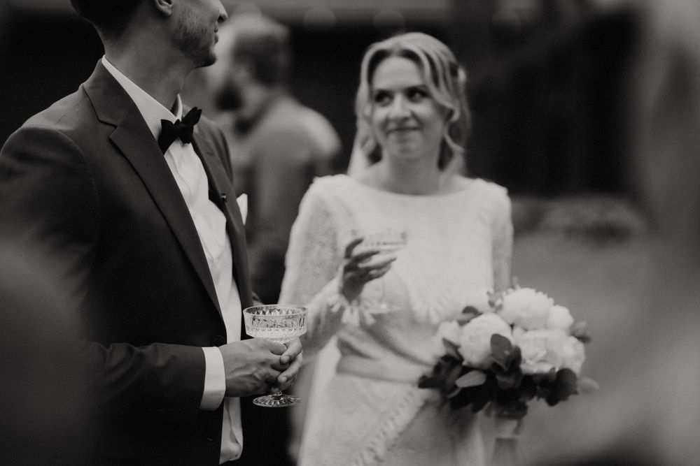 Elegant black and white candid moments from a forest wedding.