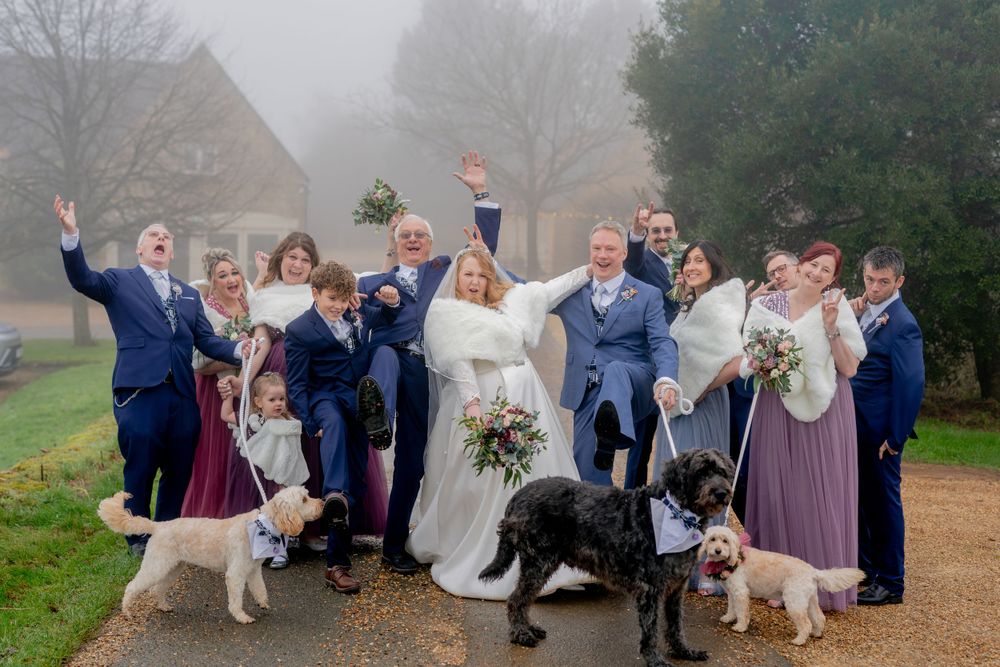 Wedding party poses joyfully on a misty path with three dogs, wearing navy and purple attire.
