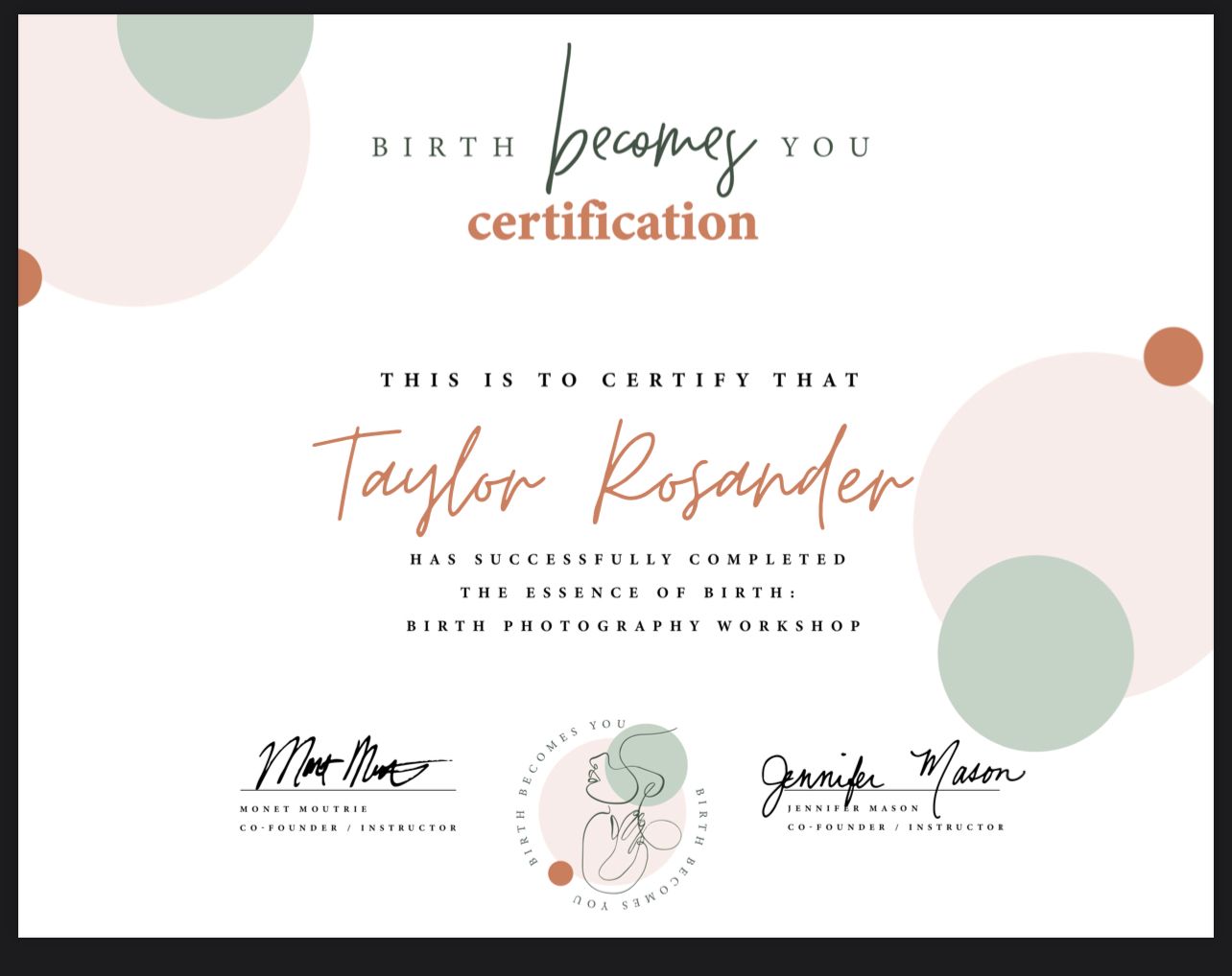 A birth becomes your birth photographer certification document with elegant script text and soft pastel dots in mint green and pink tones.