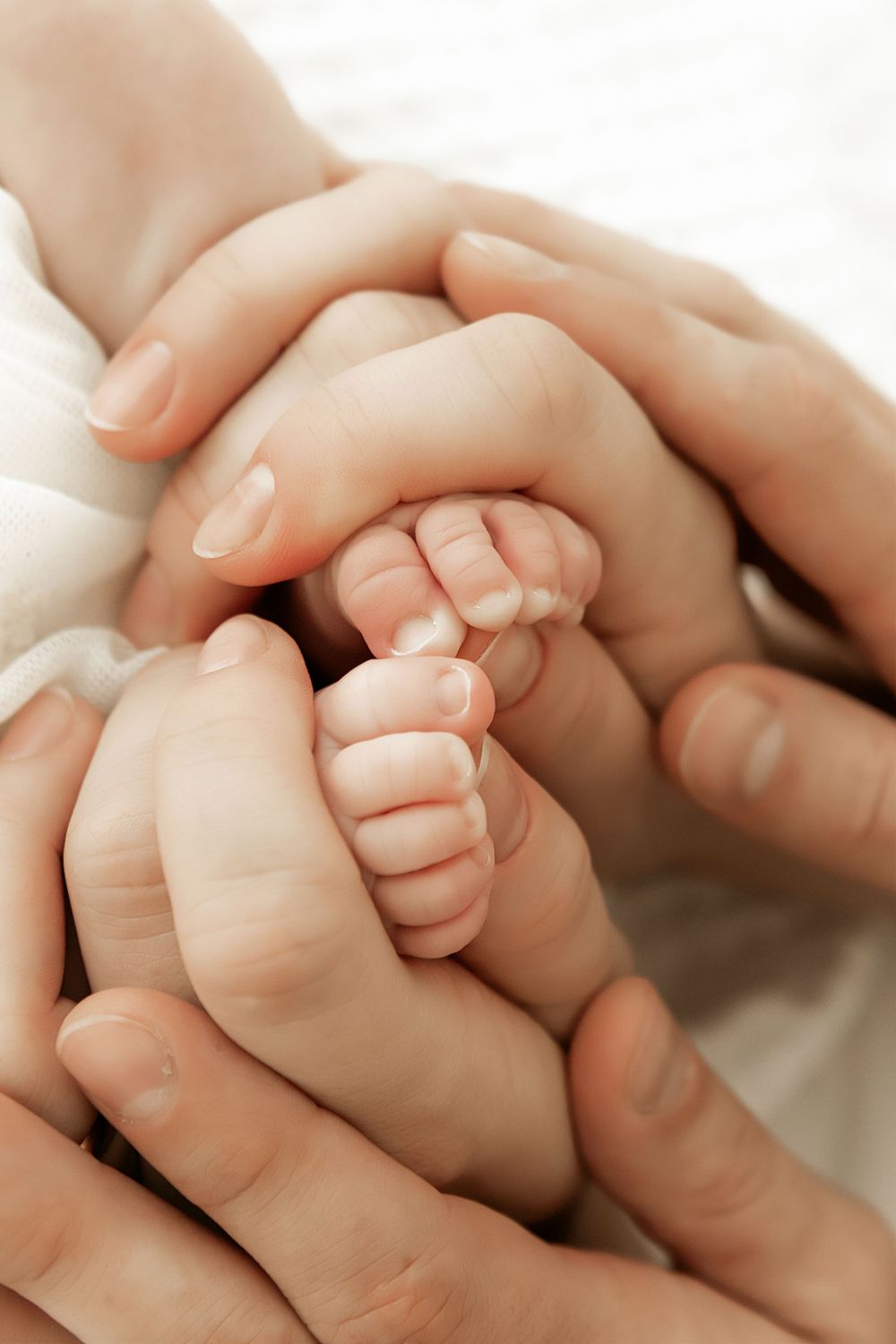 Close-up of tender moment as adult hand gently holds tiny newborn baby fingers against white background.