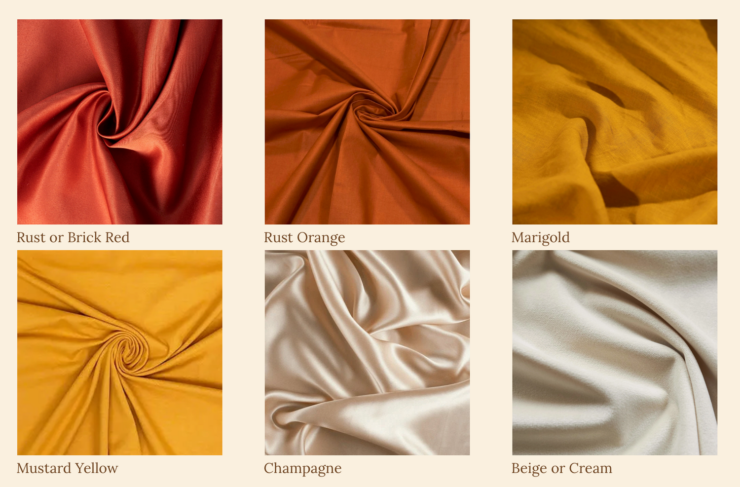 Collection of red, orange, and yellow silk fabric swatches displayed in grid layout.