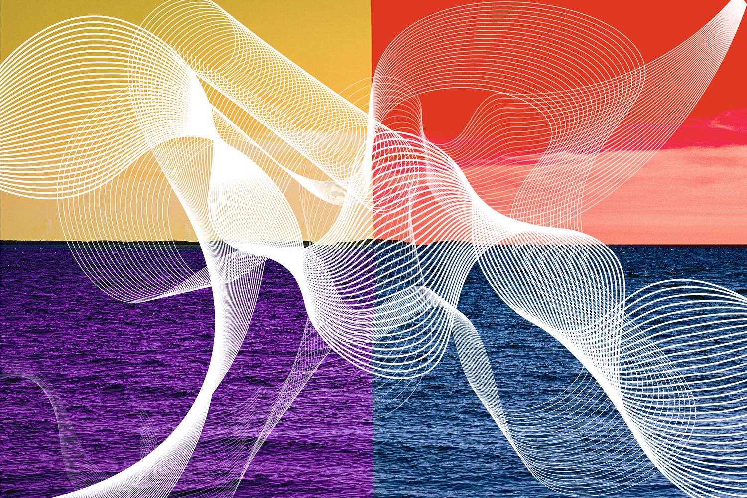 Abstract digital art with flowing white wave lines over bold color-blocked yellow, red, purple, and blue.