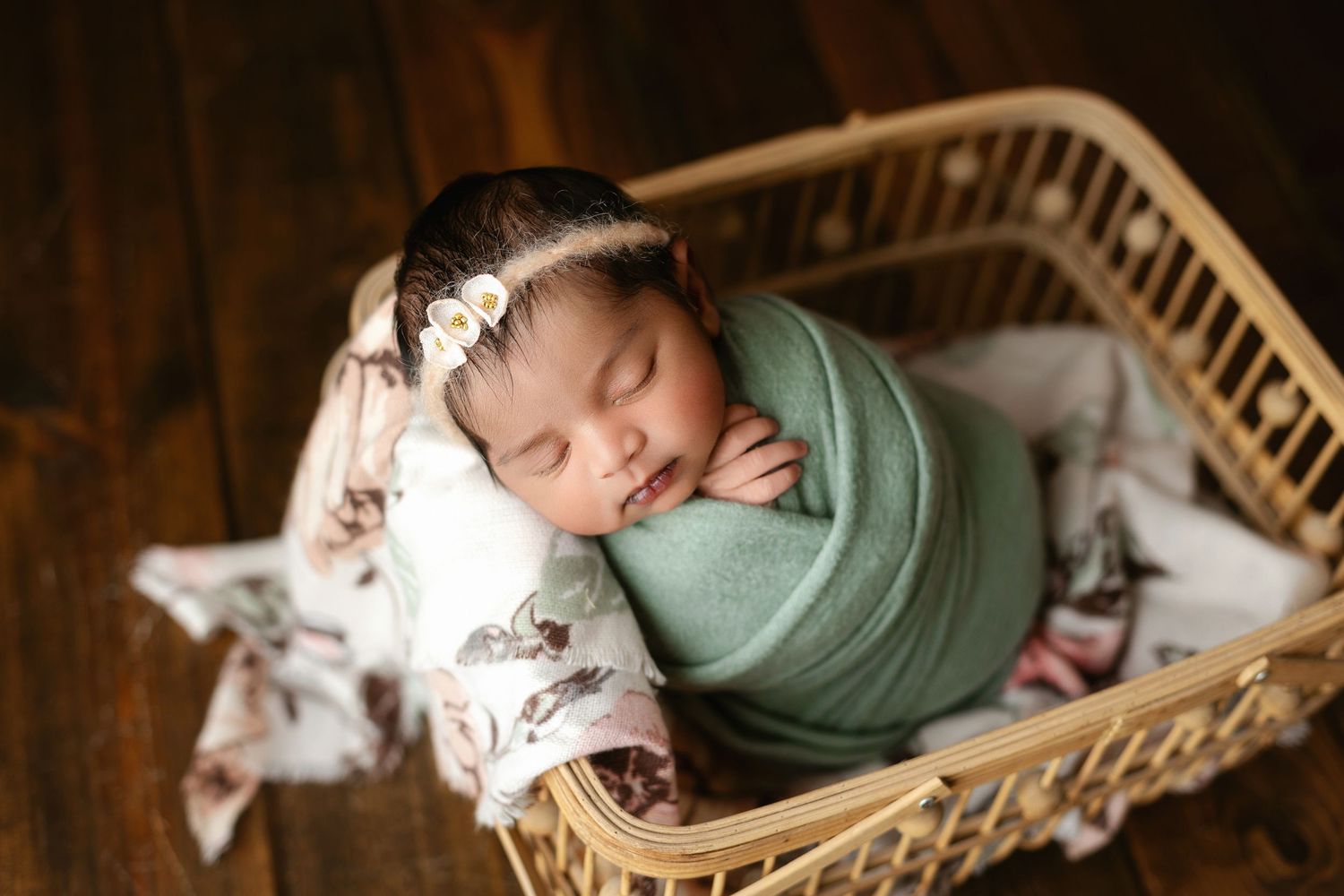 An Indian newborn in a basket.  Greenville SC newborn photographer, Easley, SC newborn photographer