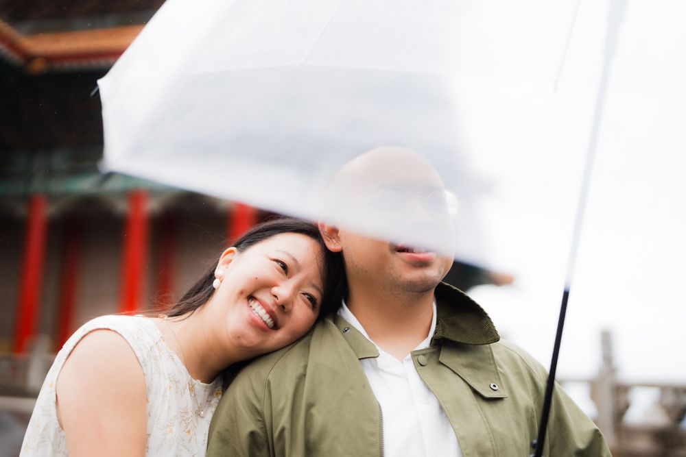 A couple at Chiang Kai-shek Memorial Hall in Taipei City on a rainy day.