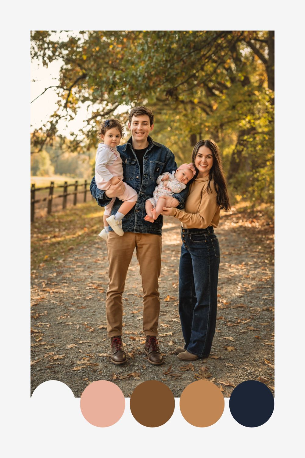 Fall family photo session outdoors with autumn foliage and color palette showing peach, brown, tan and navy blue tones.