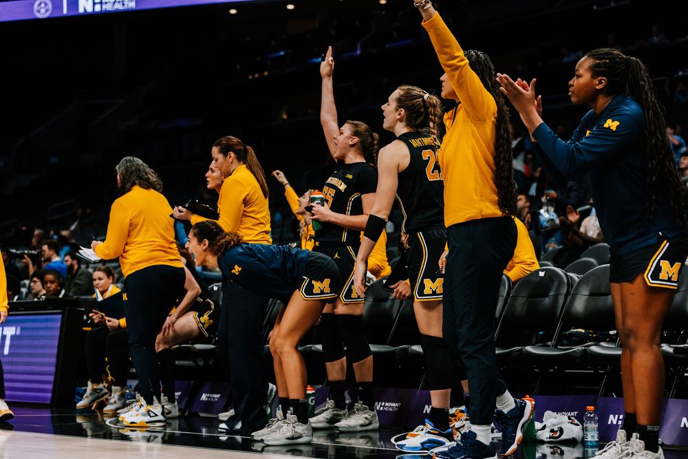 Michigan women's basketball team bench erupts in celebration during a college basketball game.