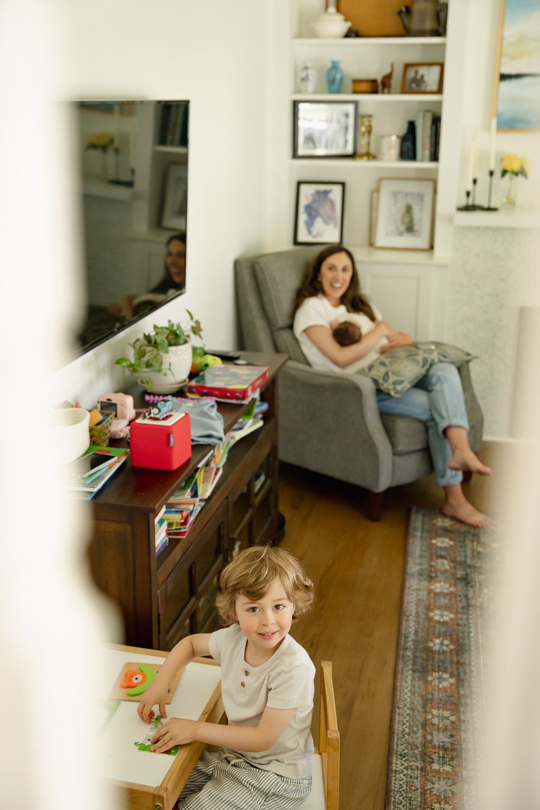 Mom and two kids at newborn session in Arlington Heights
