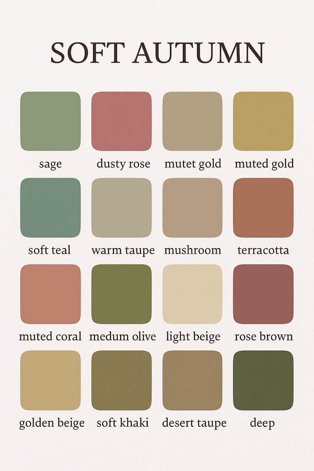 A color palette showcasing 16 muted earth tones for Soft Autumn features sage, dusty rose, golds, corals, and olive hues.