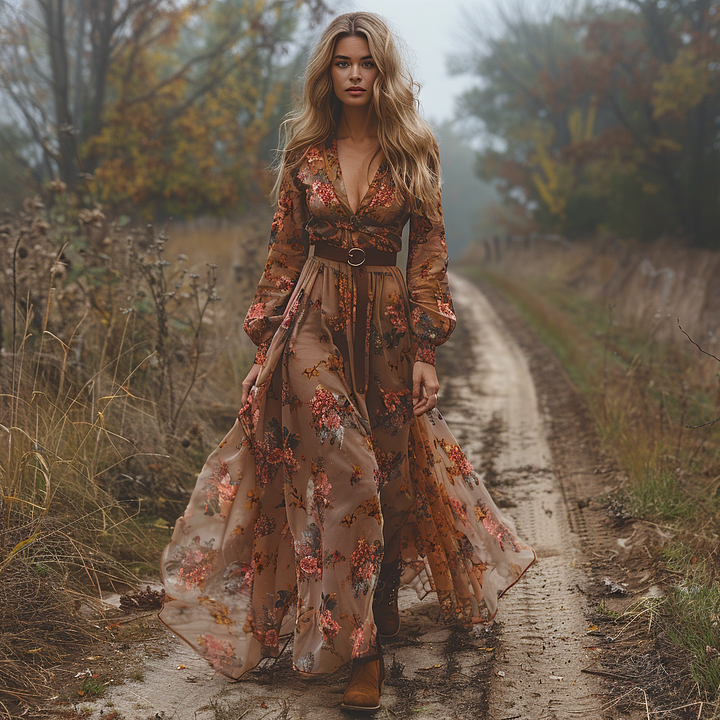 A floral maxi dress with long sleeves flows elegantly on a misty dirt path surrounded by autumn foliage.