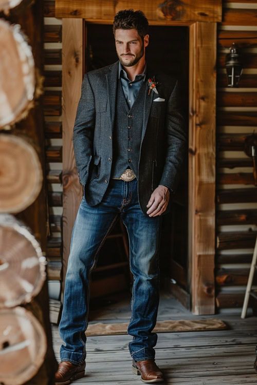 Person in casual western formal attire wearing blue blazer, vest and jeans standing in rustic wooden cabin setting.