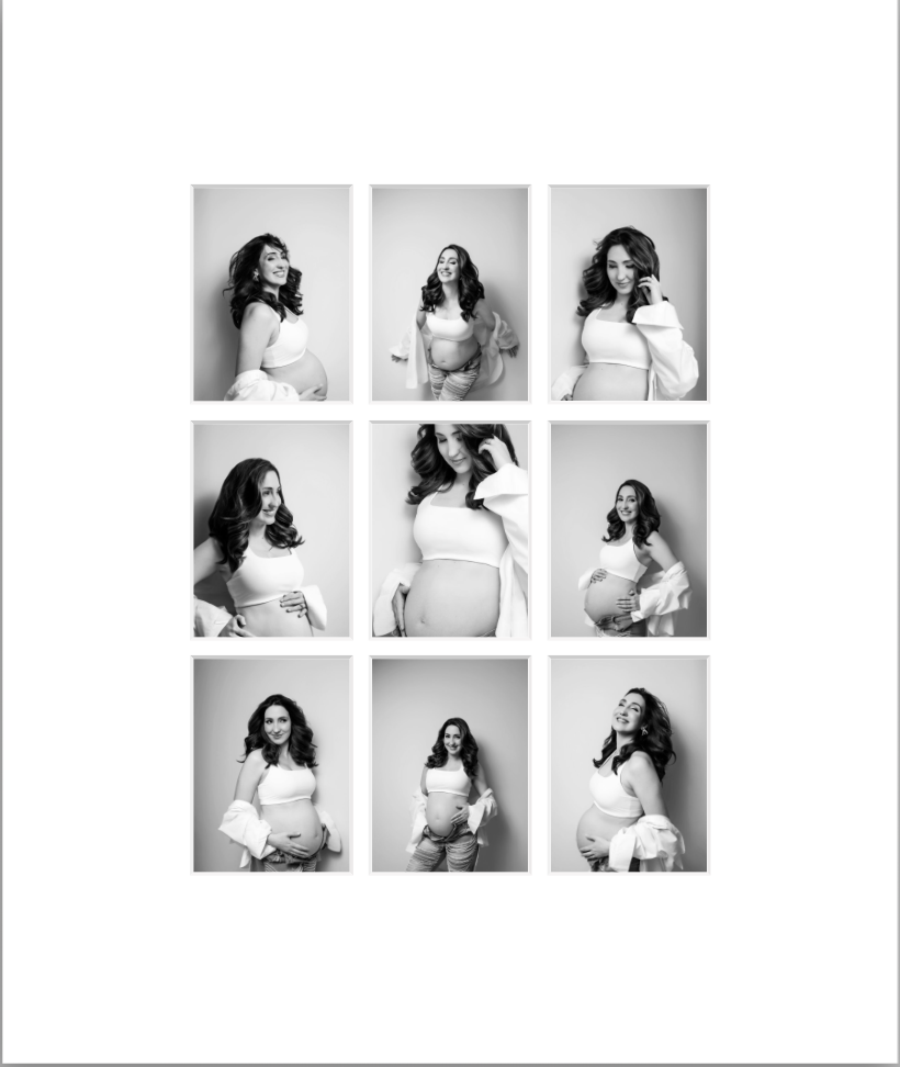 Framed wall art with black-and-white maternity photo.