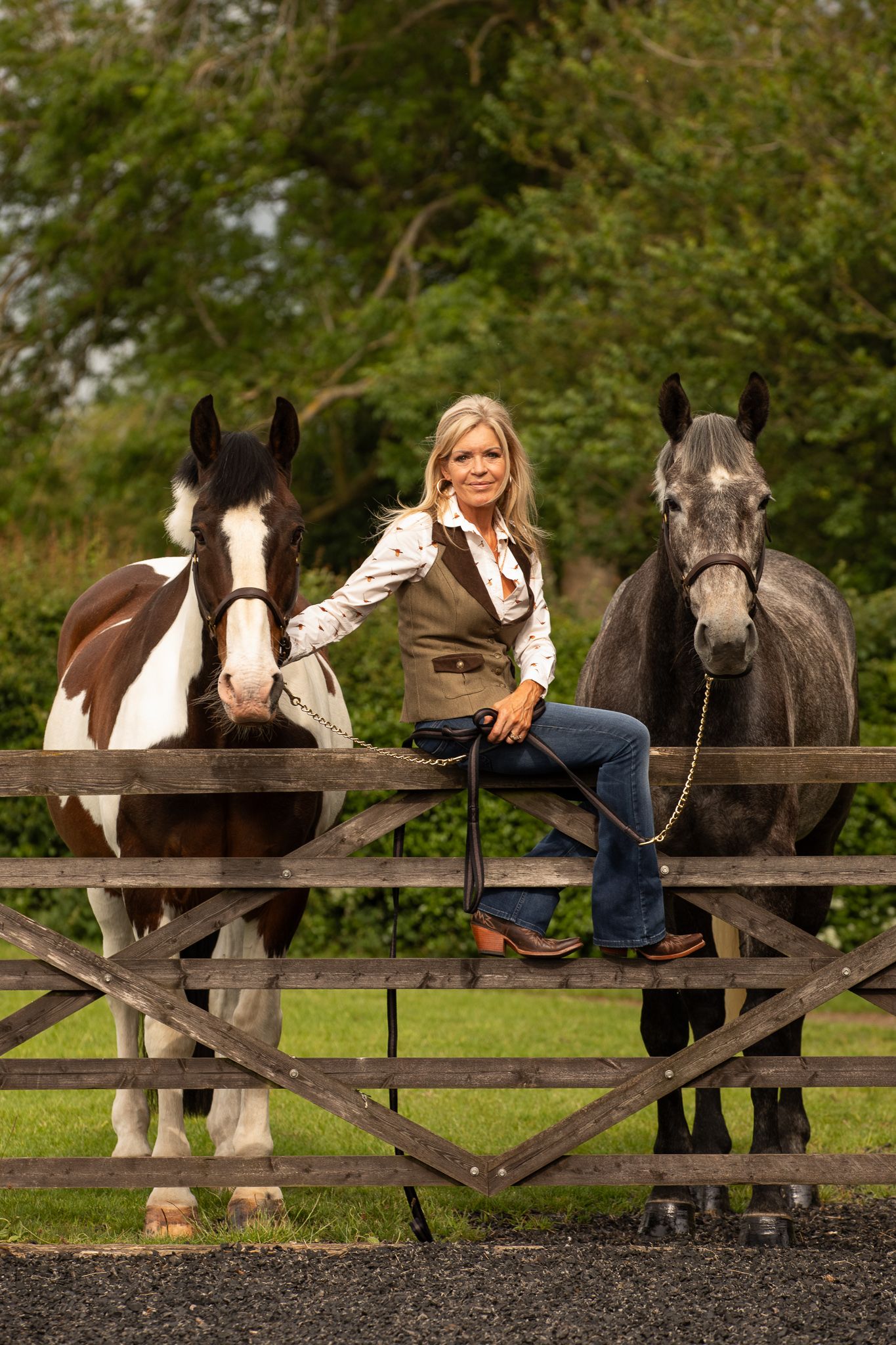 A large cream-colored draft horse and its companion pause together in a sunlit autumn forest.