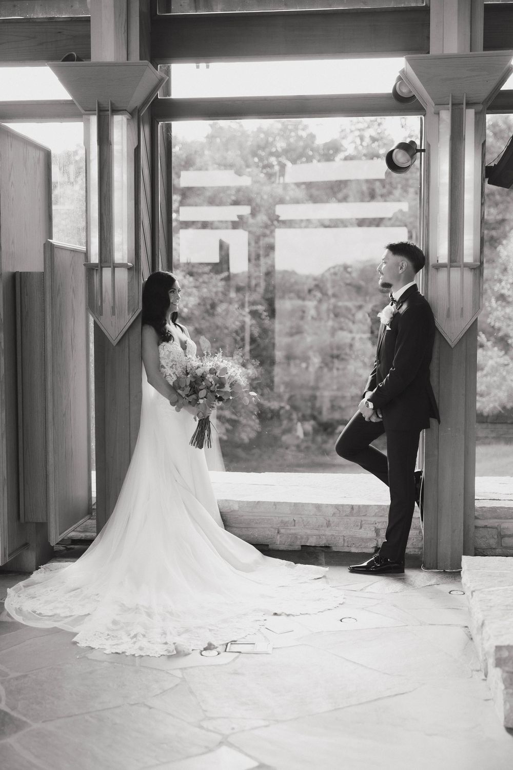 A collection of wedding photos showing a bride in a flowing white gown with long train captured from different angles.