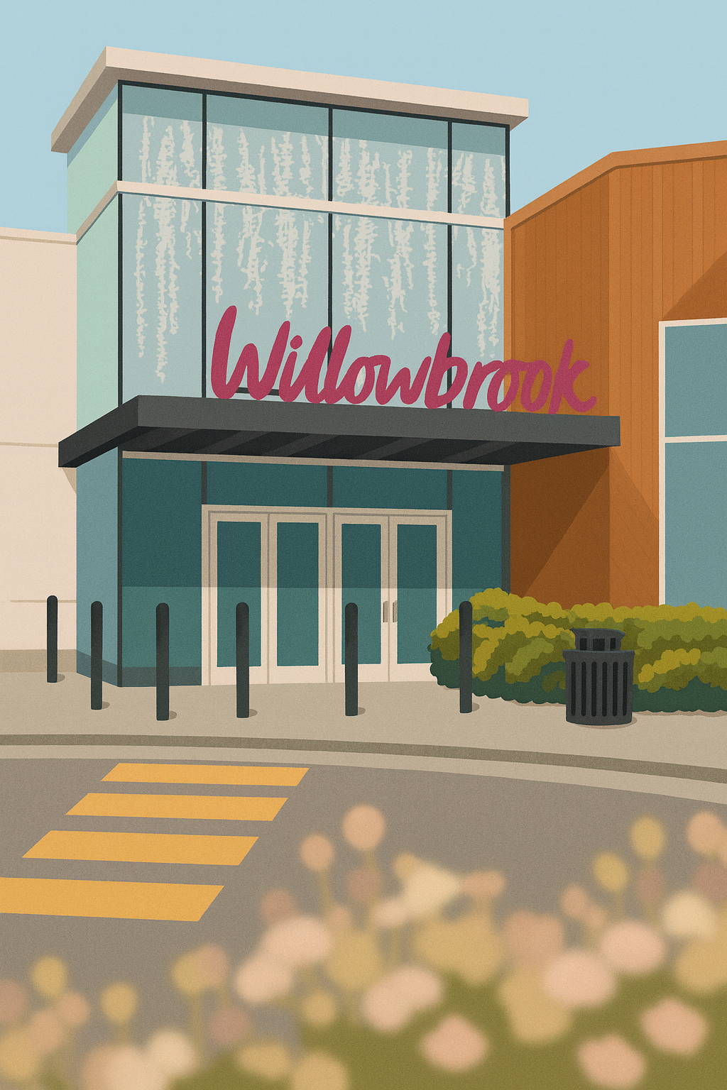 A stylized illustration of a mall entrance with a red 'Willowbrook' sign and glass windows above modern storefront doors.