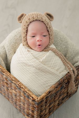 Peaceful newborn baby wearing beige knit bear bonnet resting in brown wicker basket.