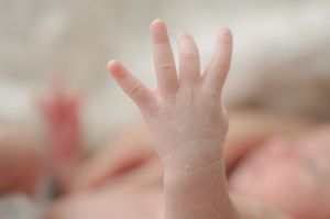 Close-up of delicate baby hands reaching upward against light background.