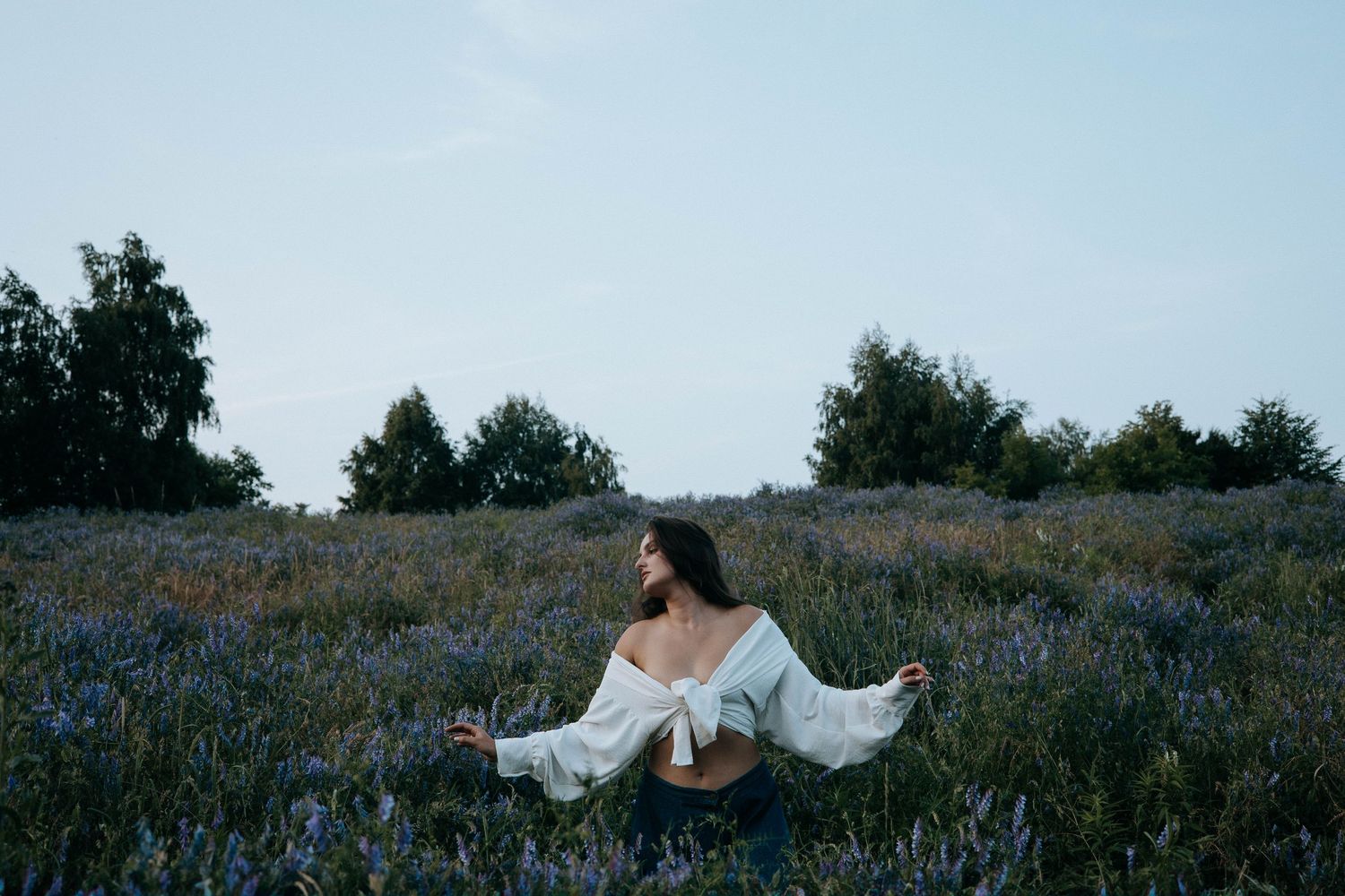 A figure in a flowing white dress sits in a dreamy meadow filled with purple wildflowers at dusk.