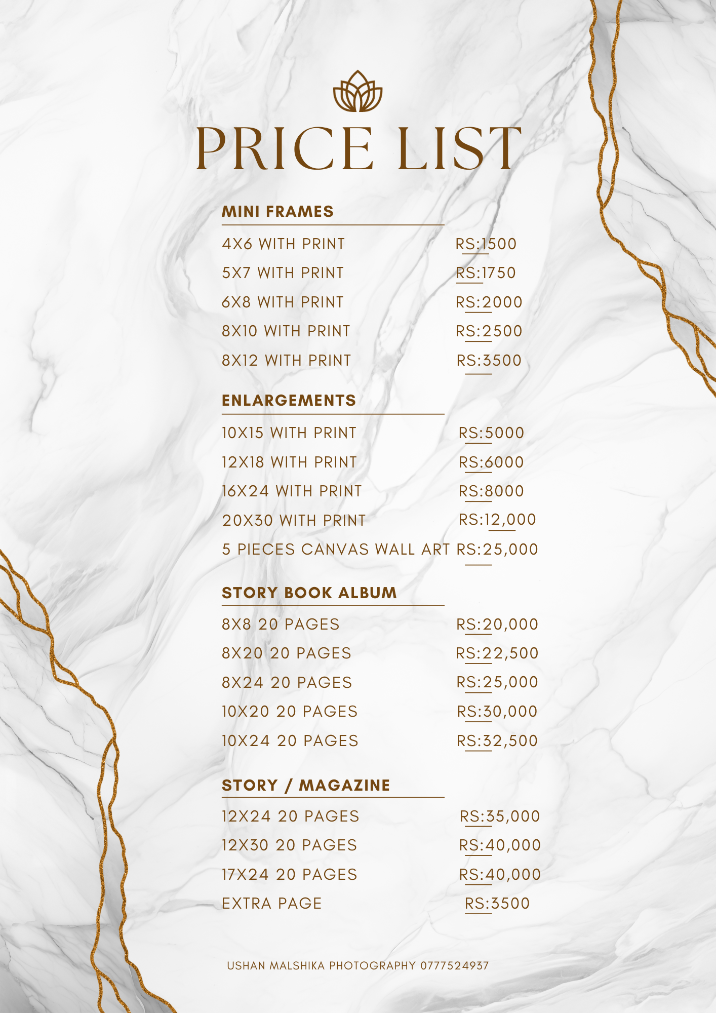 Elegant price list for photography services with gold text on white marble background.