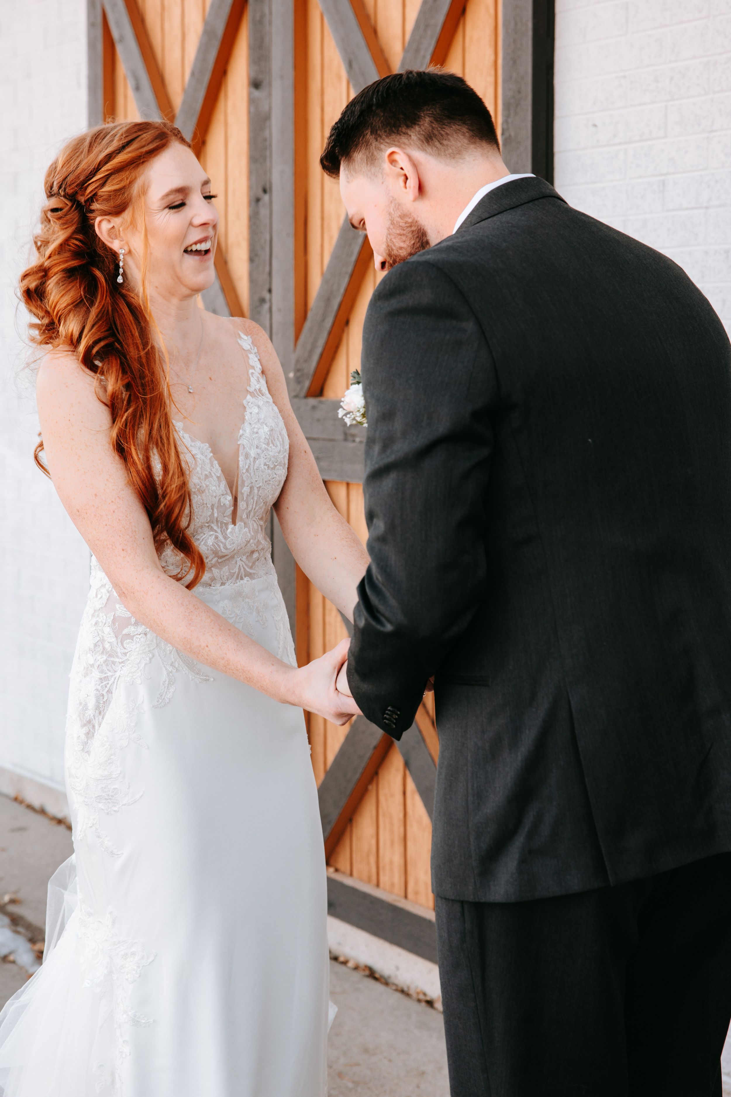 A candid wedding photo sequence showing tender moments between newlyweds against a white wooden background.