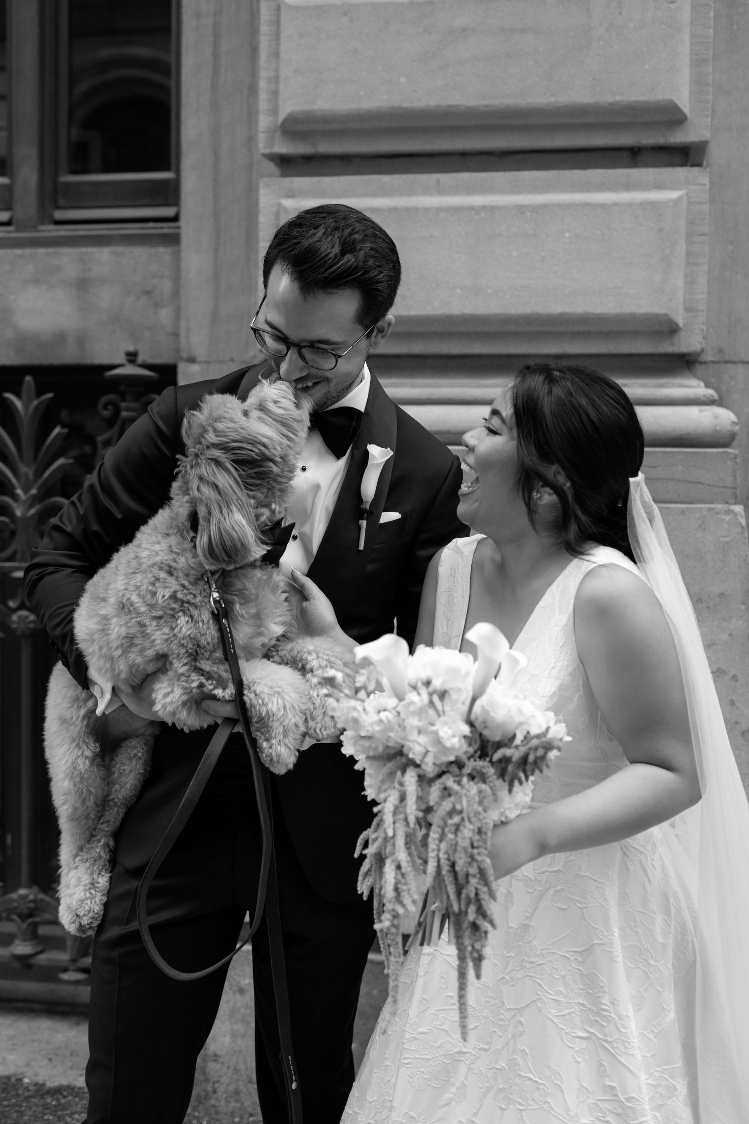 Black and white photo series showing newlyweds kissing with their pet dog in a formal setting. Captured by Aliza Dworkind in Montreal.