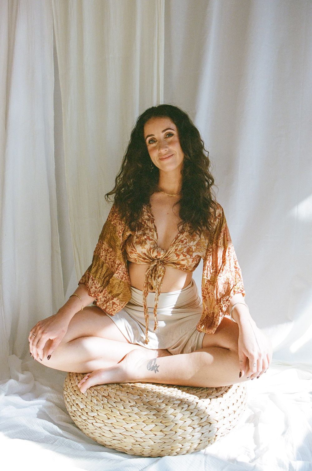 Fremantle studio branding portrait of Gianna Martino, breathwork and tantric arts facilitator, soft strength and grounded elegance