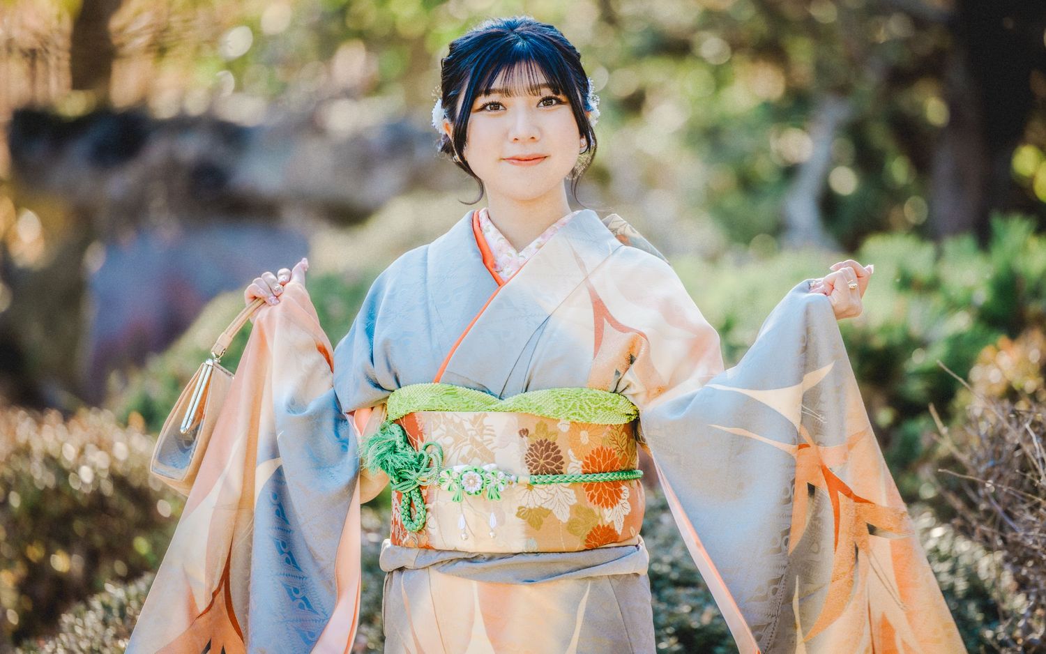 Multiple shots of a kimono-clad figure in a peaceful Japanese garden setting with dappled sunlight.
