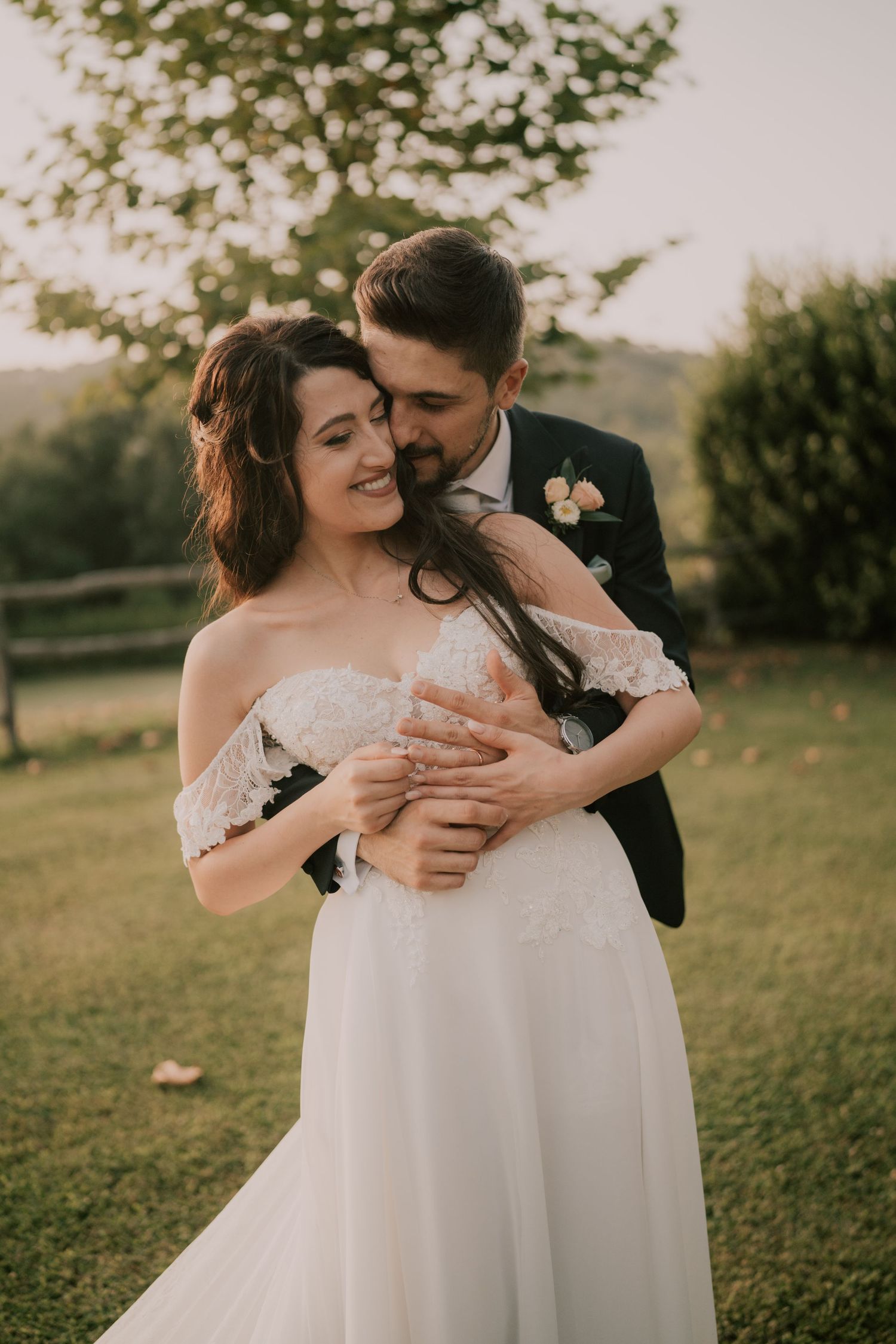 bride and groom smiling, sunset, wedding in Italy, destination wedding,