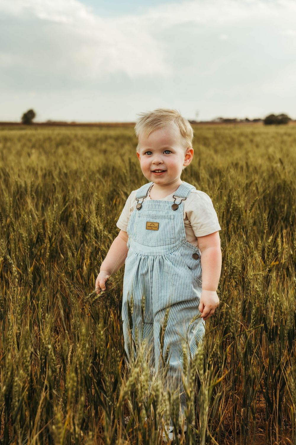 Smiling toddler in blue denim overalls standing in a green wheat field under a cloudy sky.