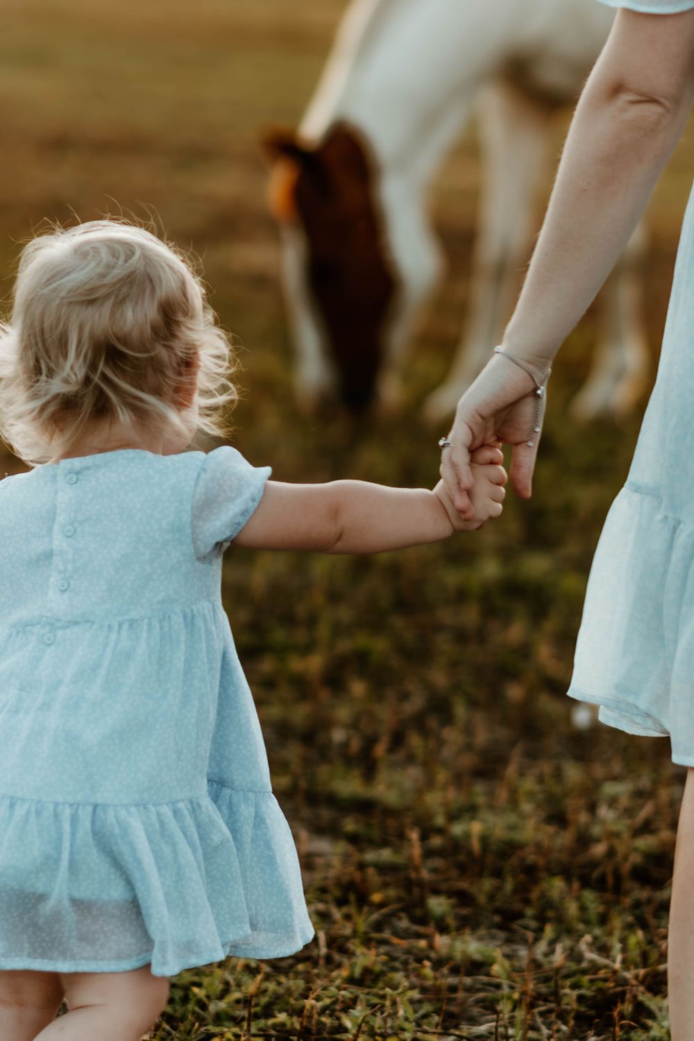 Parent and toddler in matching blue dresses walking hand in hand at sunset.