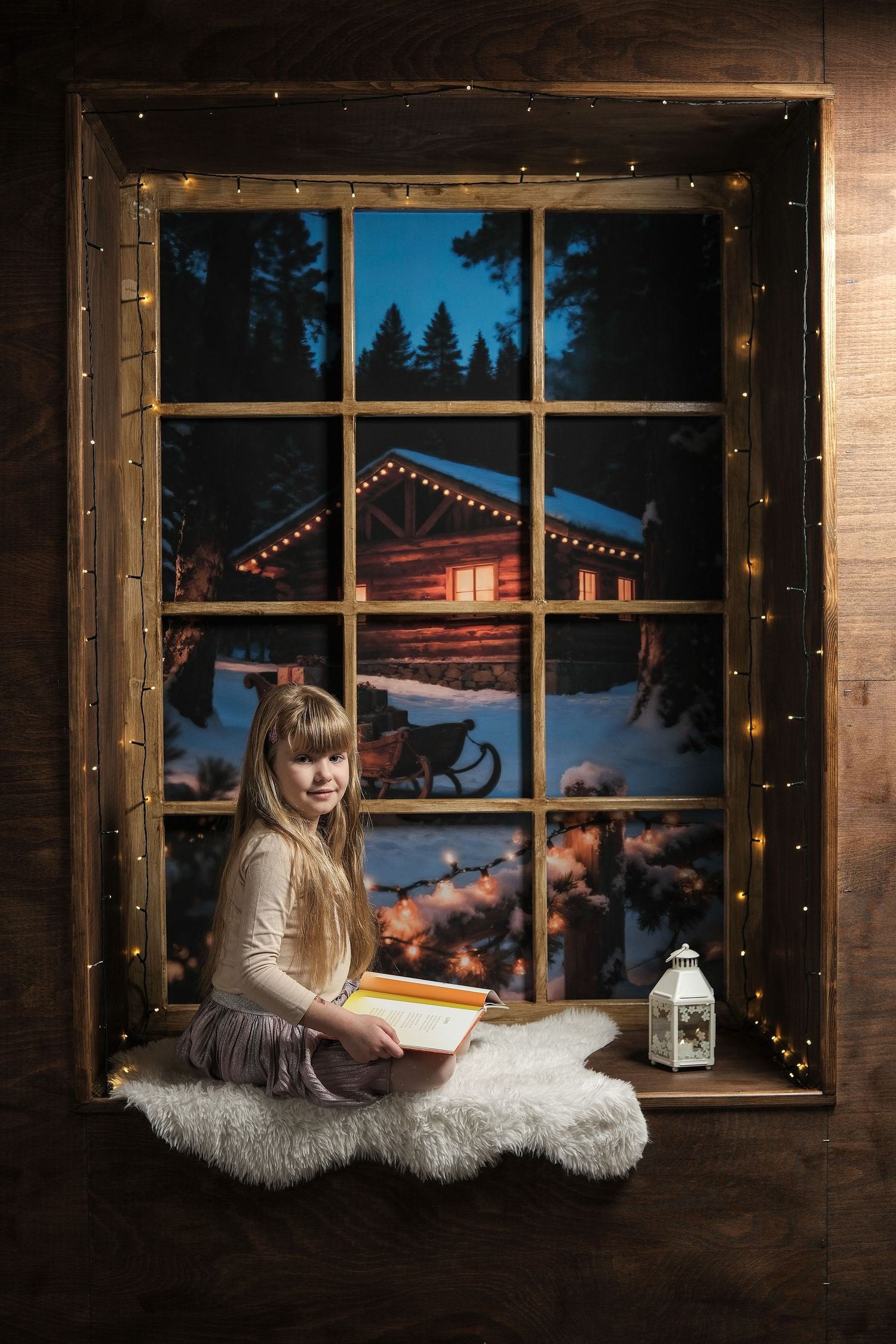 Cozy winter scene with white fur rug by window with twinkling lights and snowy backdrop.