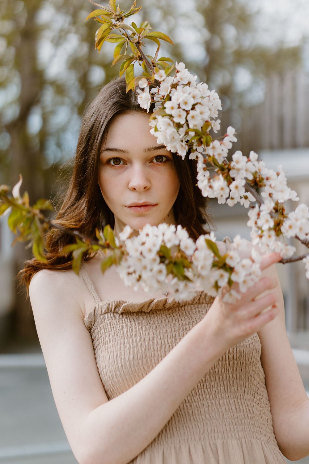 Portrait with delicate cherry blossoms framing spring portrait.