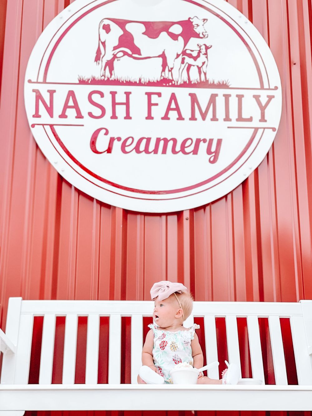 Decorative red and white farm-themed wall art with oval signs displaying Nash Family and creamery text against barn siding.