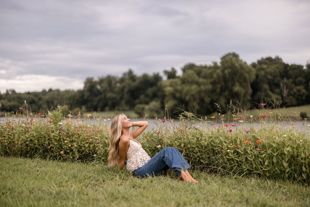 Scenic wildflower field with trees and cloudy skies in soft natural lighting.