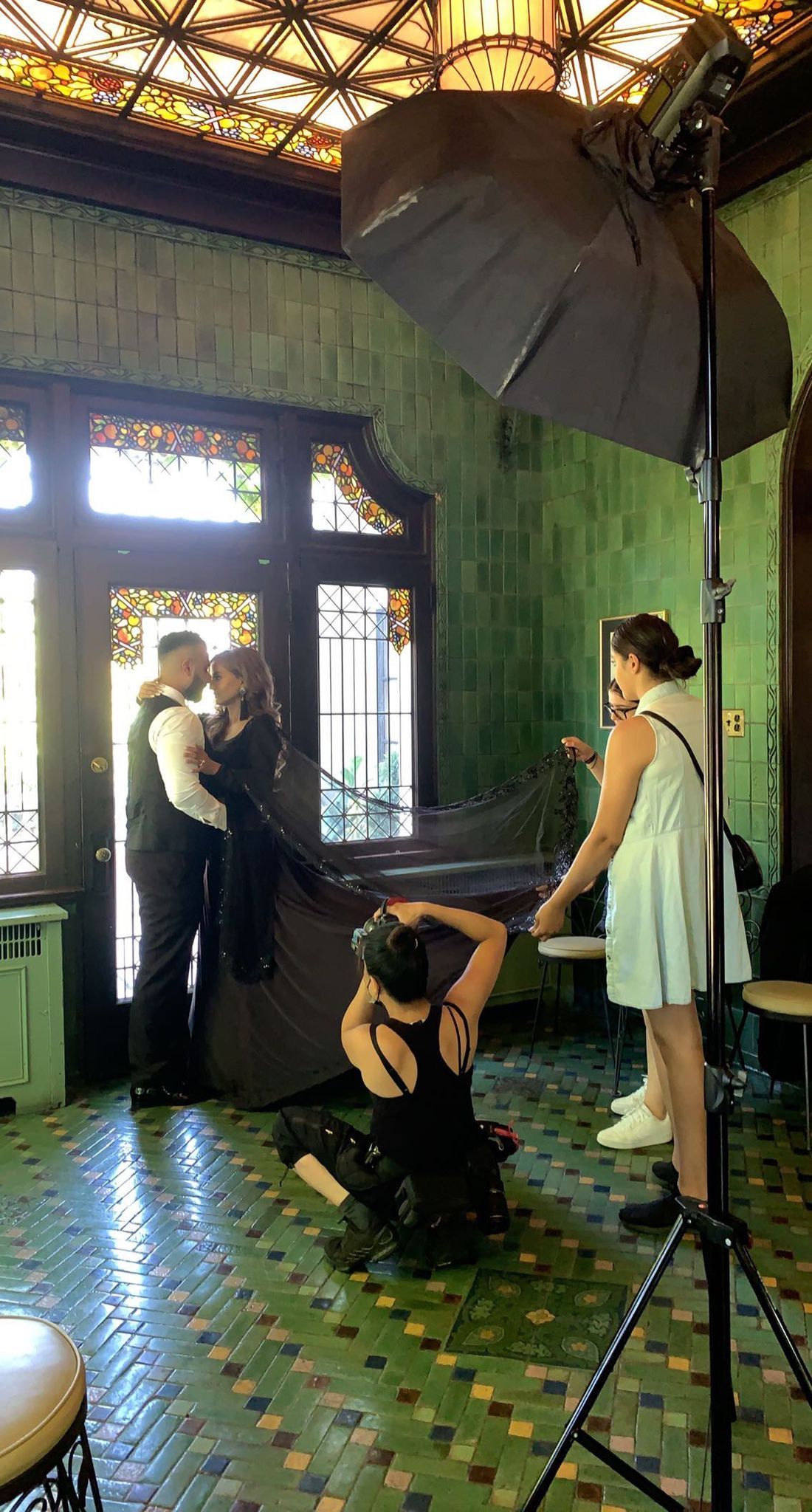 Inside the historic Hycroft building in Vancouver with stained glass windows, Behind-the-scenes of Vancouver's top wedding photographer.