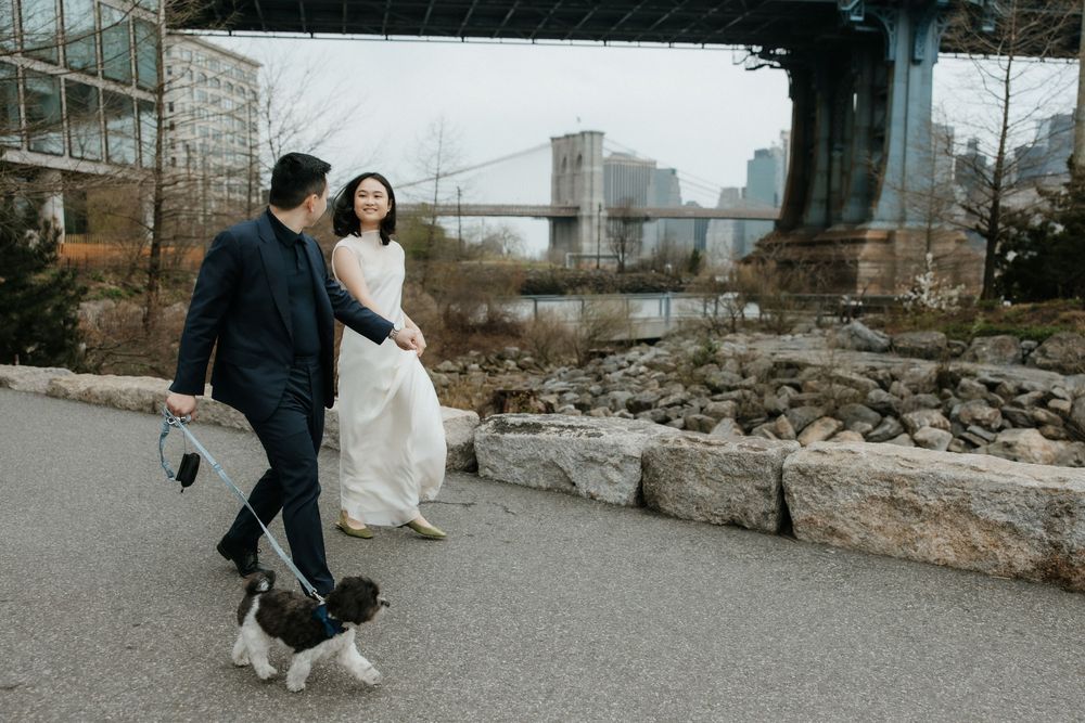 A couple in wedding attire walks along the waterfront path under the Brooklyn Bridge with their dog in New York.
