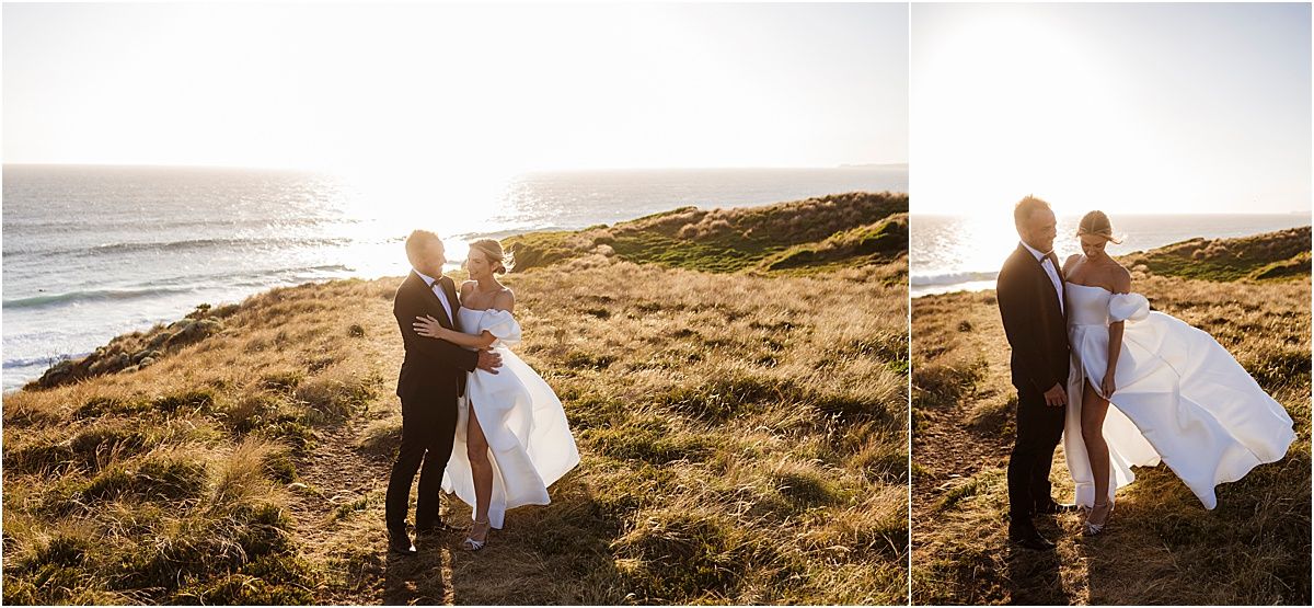 A couple shares intimate moments on a scenic coastal cliff at sunset.