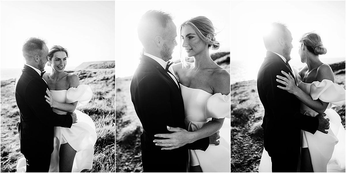 A series of black and white photos showing tender moments between a couple on a beach.