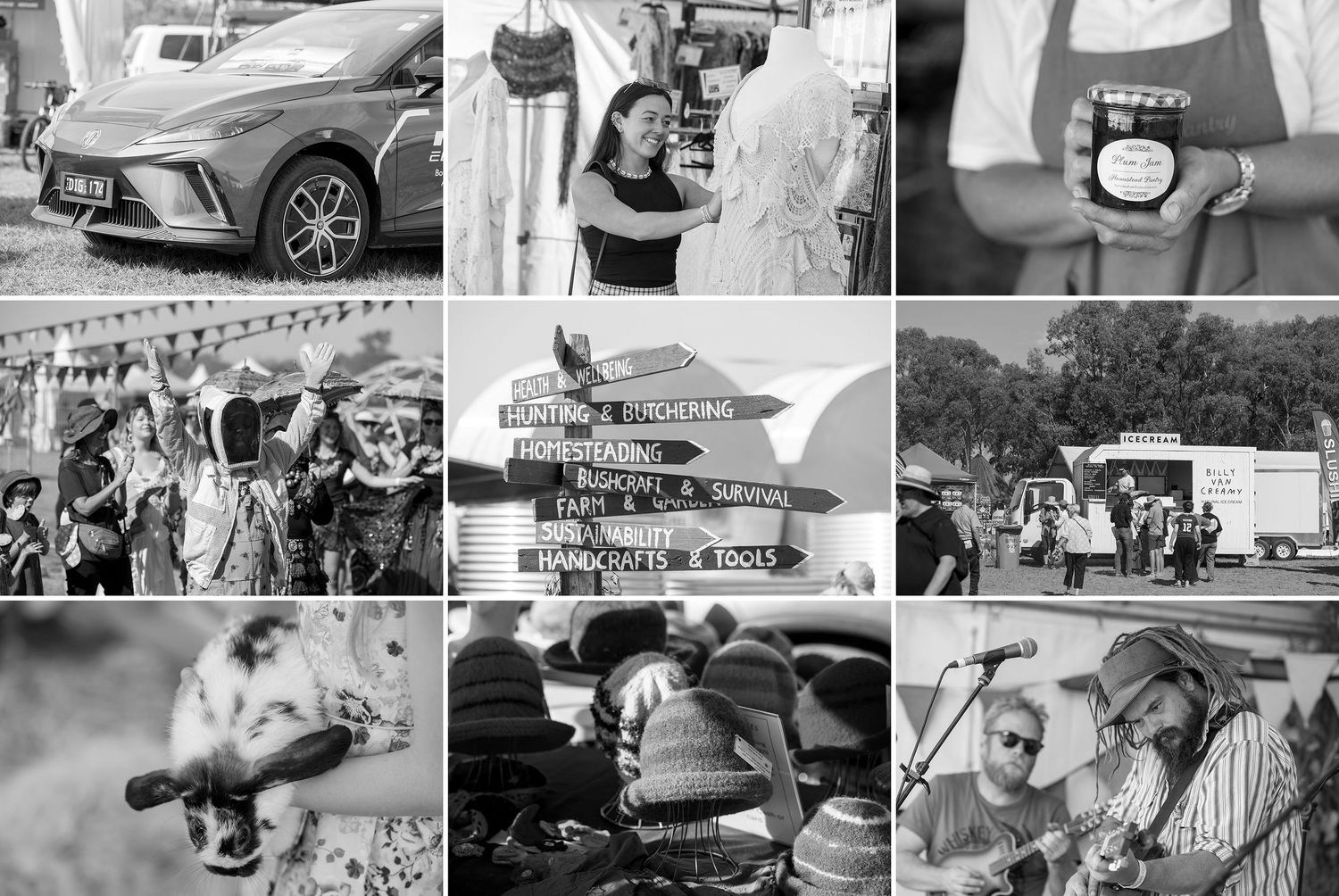 A black and white collage showing nine different scenes including vehicles, outdoor activities, and everyday moments.