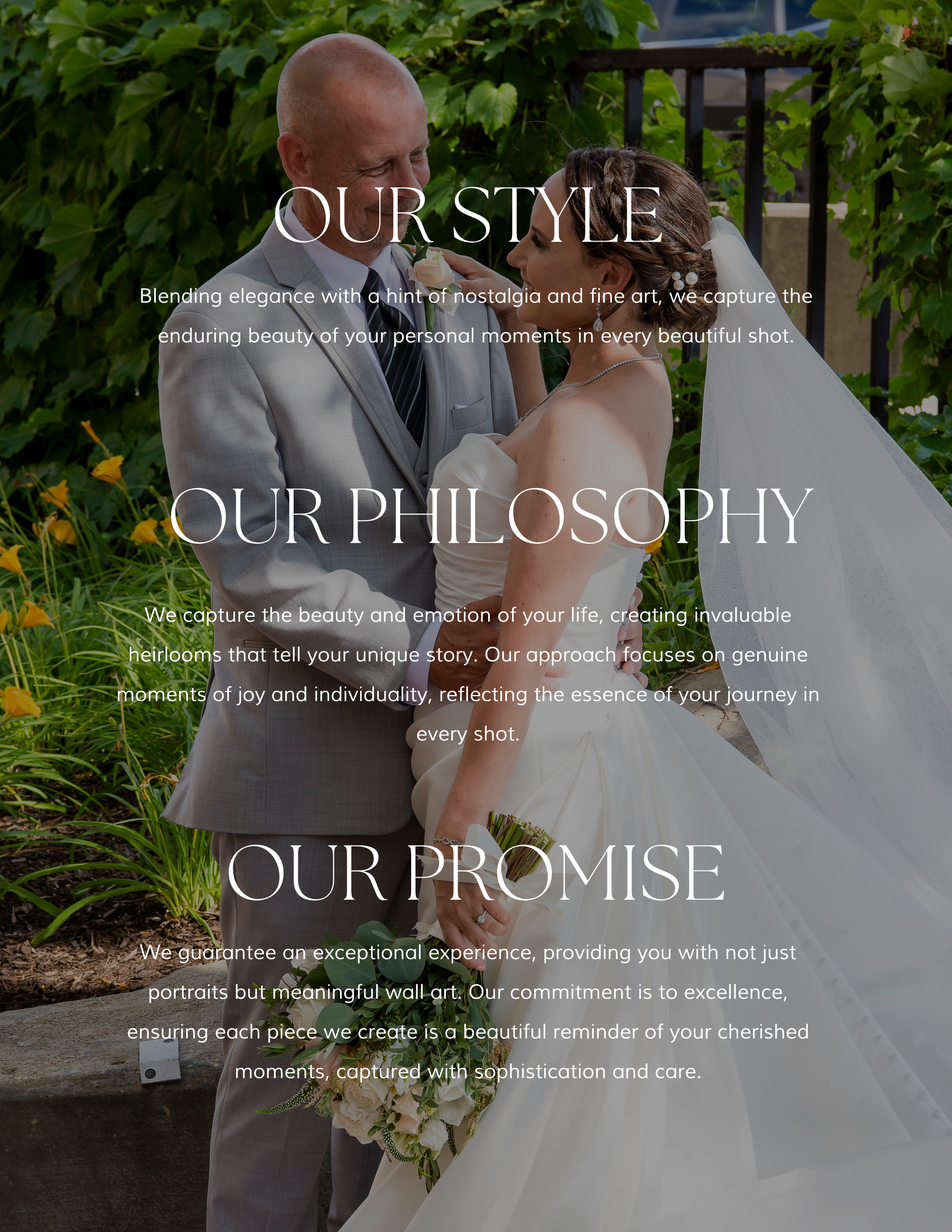 Wedding photography website section showcasing style and philosophy against garden background.