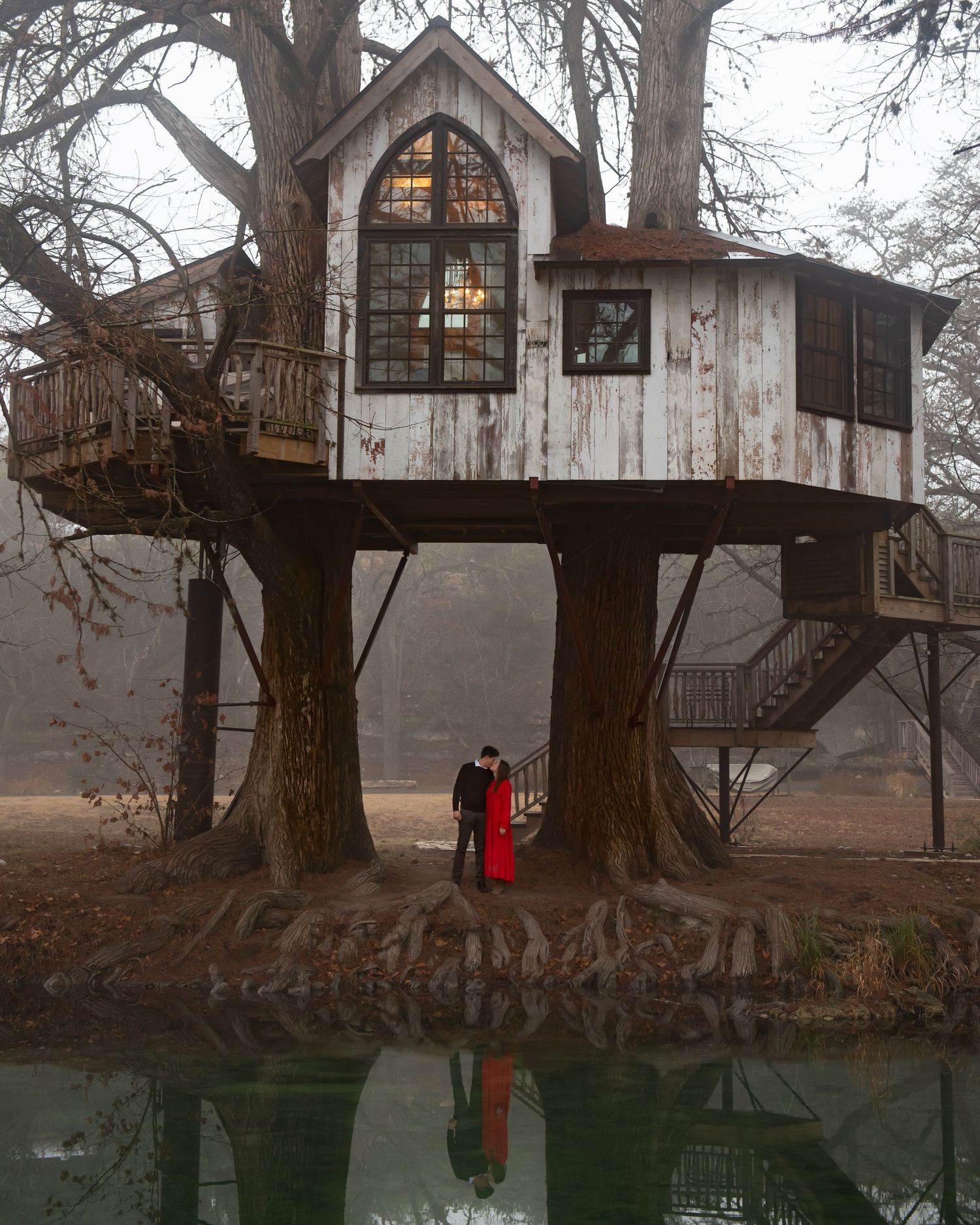Misty day and a girl red.