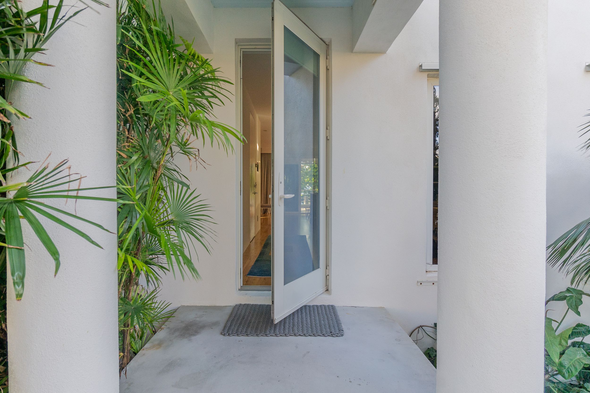 Contemporary entryway with glass door, white columns and tropical plants.