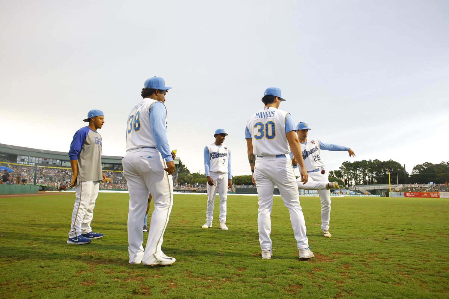 Baseball players in blue and white uniforms stand in formation on a grassy field during team practice.