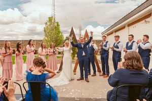A series of wedding party photos showing guests and couples celebrating at an outdoor venue in a cinematic style.