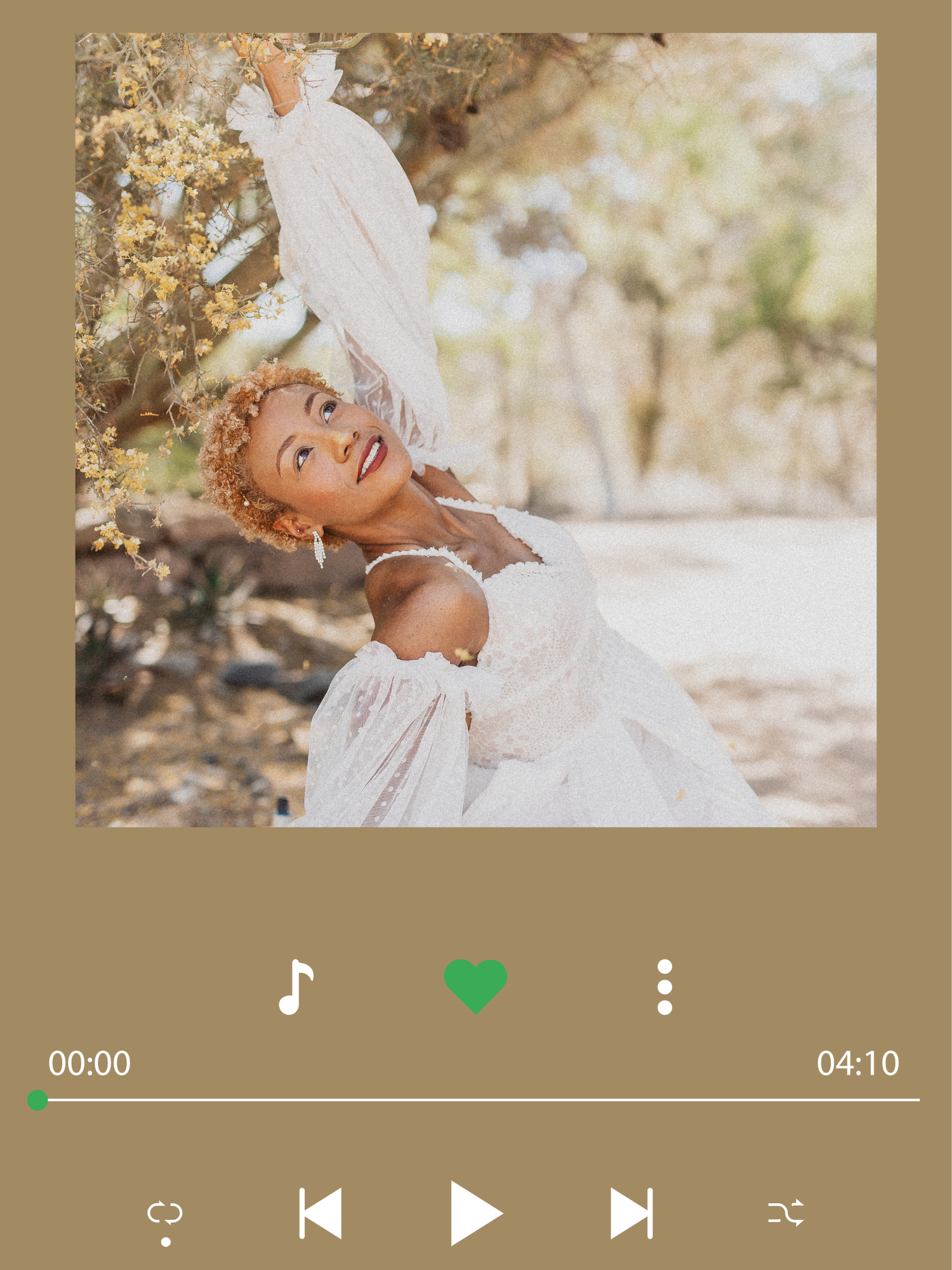 A person in a white dress poses playfully outdoors with sunlight streaming through trees in a music player interface.