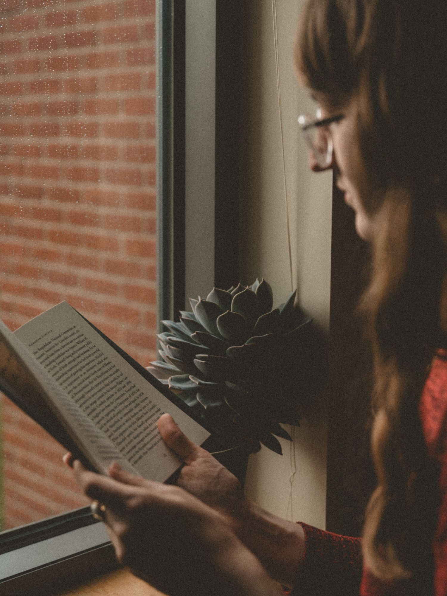 A young woman with glasses reads a book by a window with a succulent plant nearby and brick wall outside.