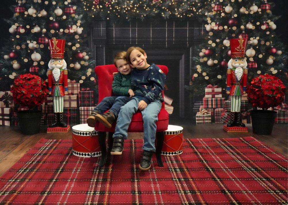 A sequence of holiday photos showing a child on plaid blanket with Christmas trees and decorations in the background.
