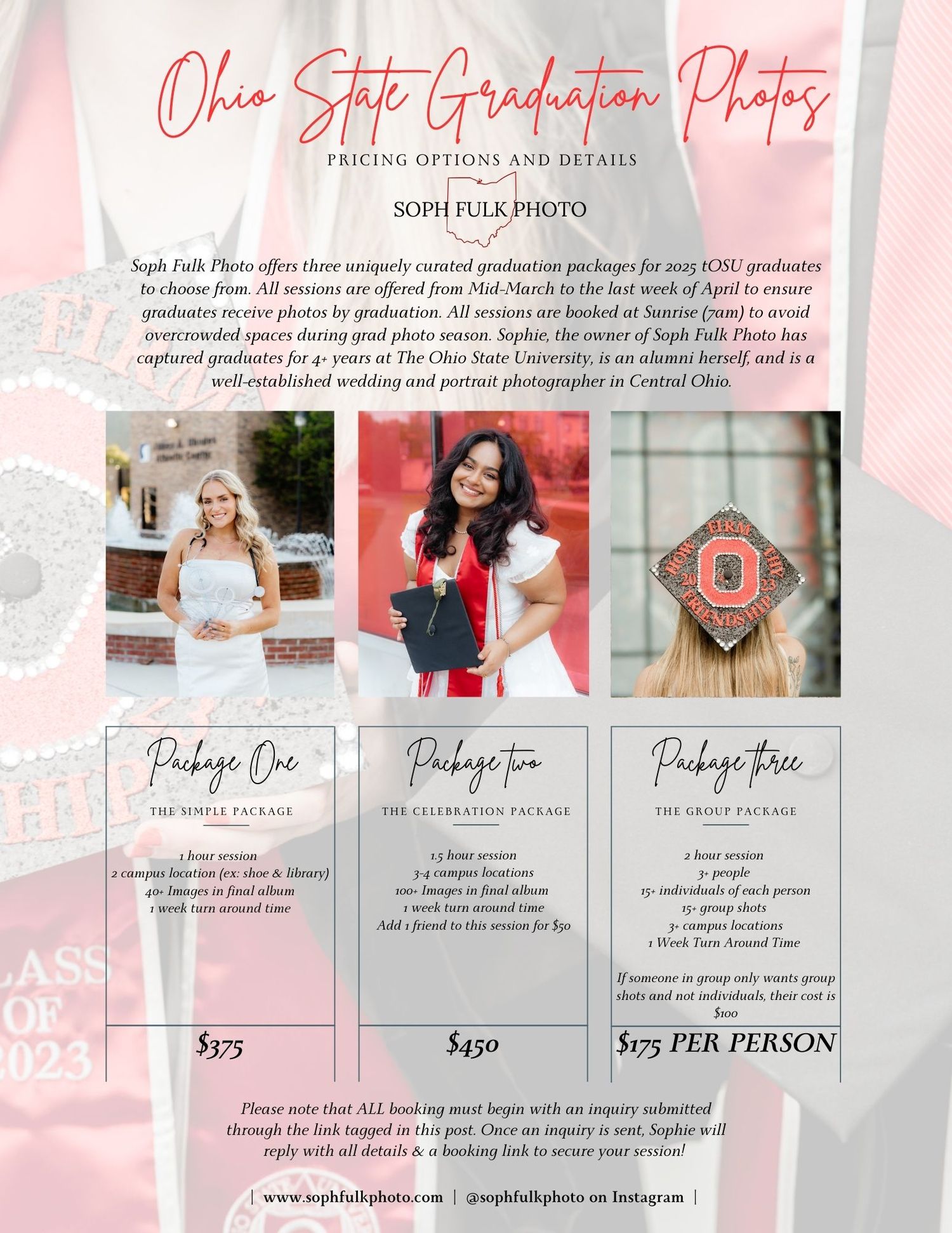 Ohio State graduation photo pricing guide with package options and sample photos.