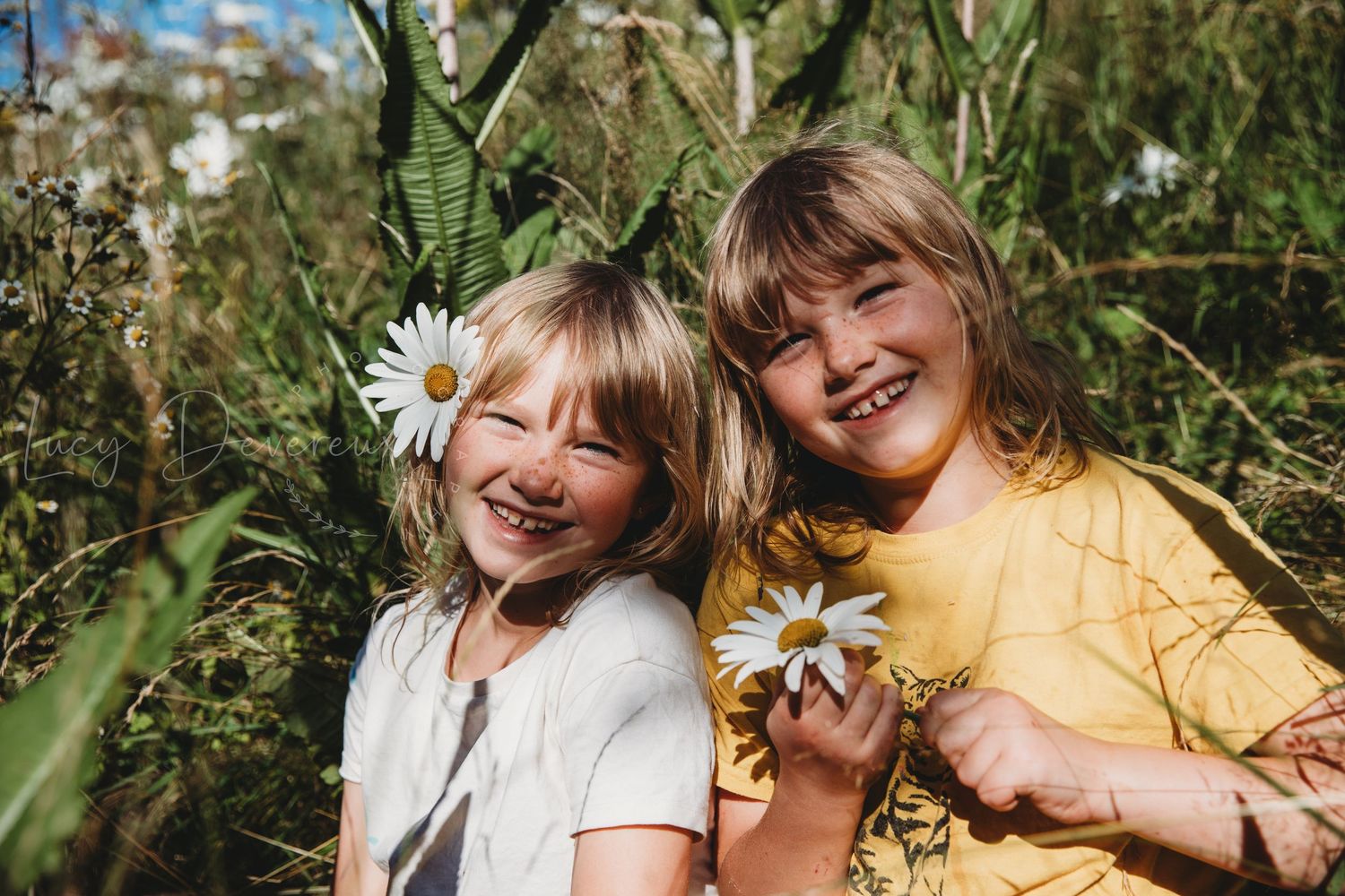 Smiley Twins out in the wilds. Sunny day. daisies. North Wales. Location. child portraiture