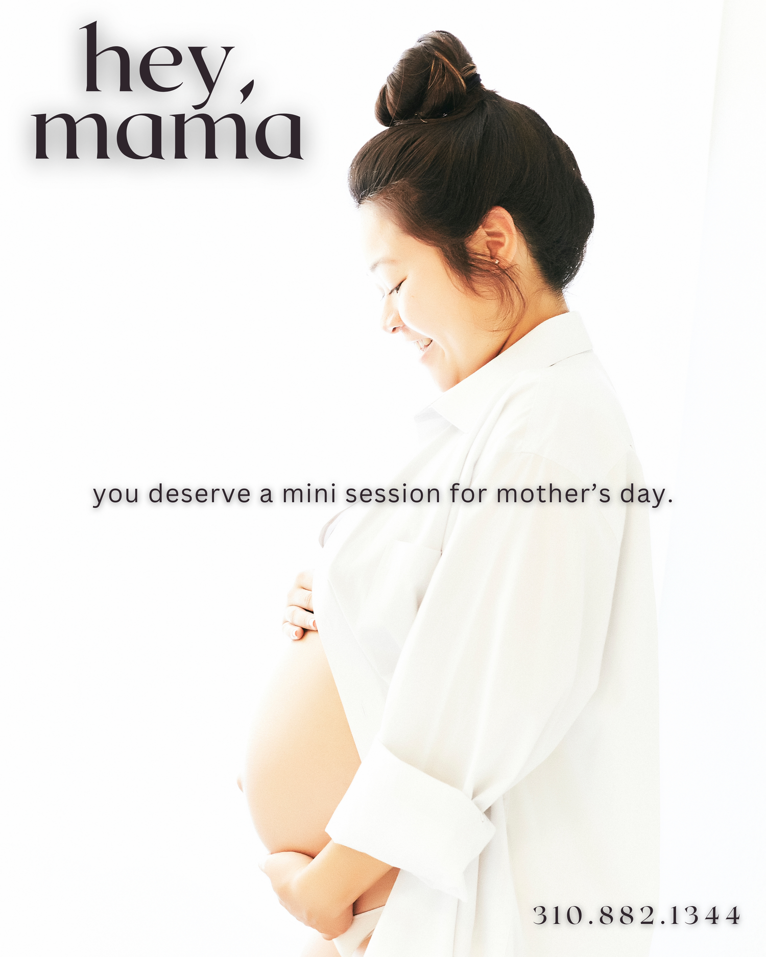 A white minimalist advertisement for Mother's Day mini photography sessions showing a profile silhouette against white background.